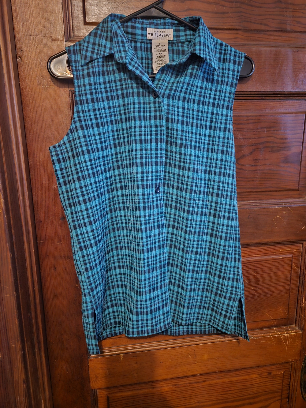 White Stag Teal and Black Plaid Sleeveless Button-Down Shirt